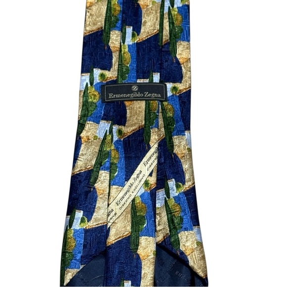 Ermenegildo Zegna Men’s Patterned Silk Tie, 4” Wide, Blue/ Green - Picture 3 of 4